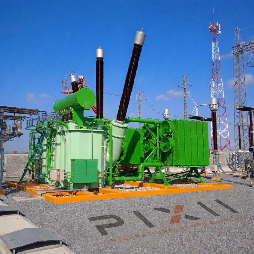 Instalaciones industriales de equipos eléctricos de potencia con transformadores y grúa en planta de Pixii International Power Supplies